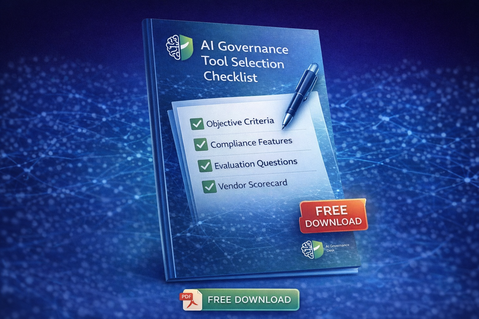 AI governance tool selection checklist PDF showing compliance criteria, evaluation questions, and vendor scorecard for EU AI Act readiness