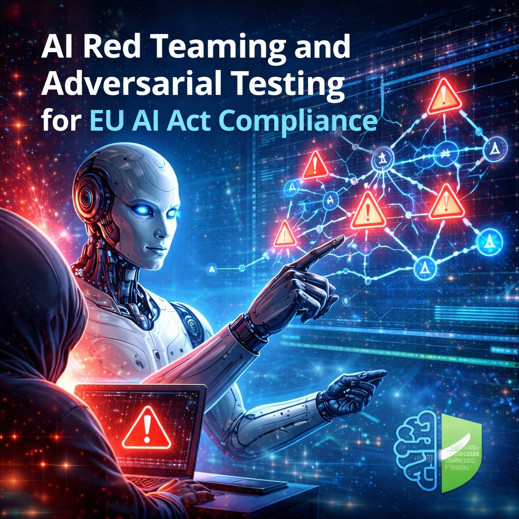 AI red teaming and adversarial testing visual illustrating EU AI Act compliance, model robustness, and AI security risk analysis